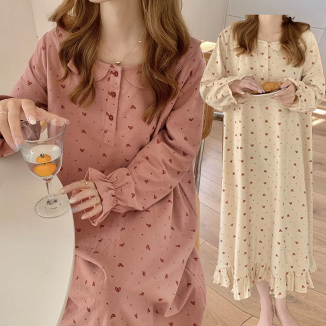 이너퀸 프리수 여성용 하트 프릴 단추 카라 빅사이즈 긴팔 롱 버튼 파자마 홈웨어 이지웨어 잠옷 원피스 하트스윗원피스