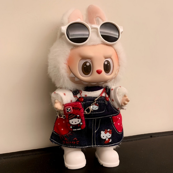 라나즈초이스 라부부 헬로키티 인형 옷 세트 1세대 2세대 3세대 호환 (인형 미포함), 1세트, 도트티+KT청원피스+KT휴대폰+흰색부츠+선글라스