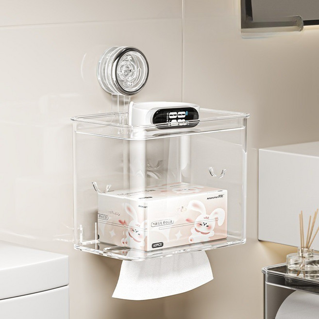 탑이지몰 심플한 무타공 진공흡착 선반형 휴지걸이, 1개, 투명