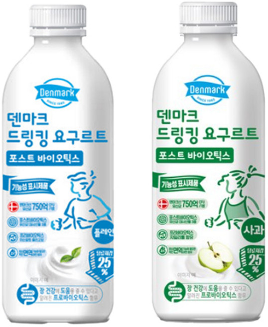 덴마크 드링킹요구르트 750mLx2병(플레인1+사과1)혼합무배, 750ml