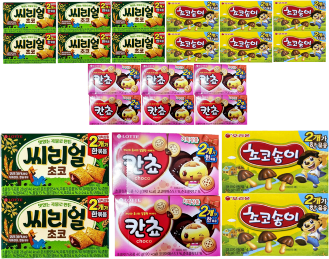 오리온제과 초코송이 72그램 + 롯데제과 칸쵸 80그램 + 롯데제과 씨리얼 초코 56그램 (판매원 주식회사 씨엠몰), 4세트, 208g