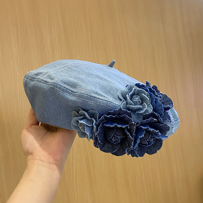立體花朵牛仔貝雷帽 女
