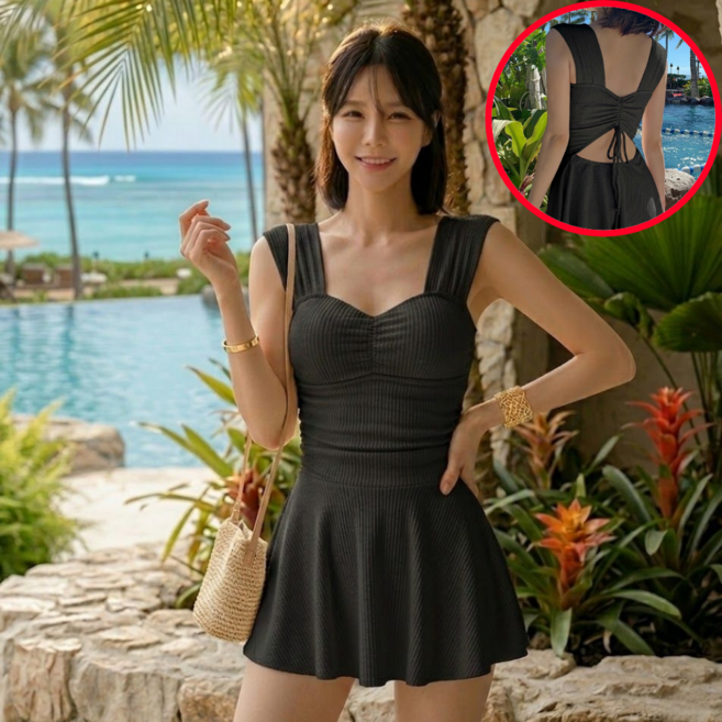 LAVIENNE 셔링 니트 원피스 모노키니 체형커버 수영복 휴양지 비치웨어, 블랙