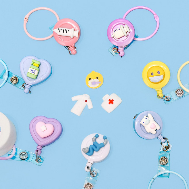 너스키니 병원 상 테이프걸이 강력 집게형 간호사 릴홀더 테이프걸이 간호사용품 사원증 출입증 목걸이 간호사 릴홀더, 하트파스텔(레몬), 1소독제, 1개