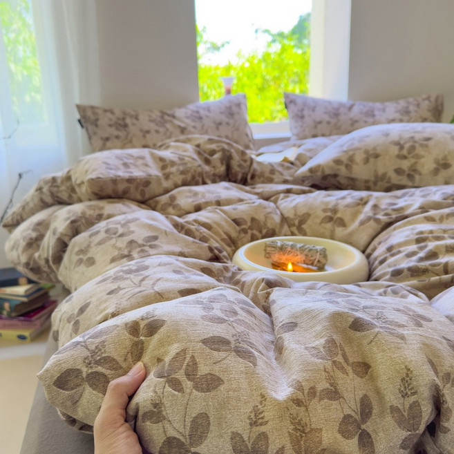 프리미엄 고중량 린넨 프린트 주름 사계절 이불세트 미니멀 리넨 침대 시트 세트 모던 텍스처 침대 침구세트