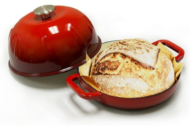 쿠이실랜드 에나멜 도자기 캐스트 철분 브레드 클로슈 뚜껑 네덜란드 오븐 장인 사워도우 베이킹용 열 유지 논스틱 베이킹웨어로 바삭한 크러스트와 고른 굽기 안전 세련 그린 디자인, 레드, 1개