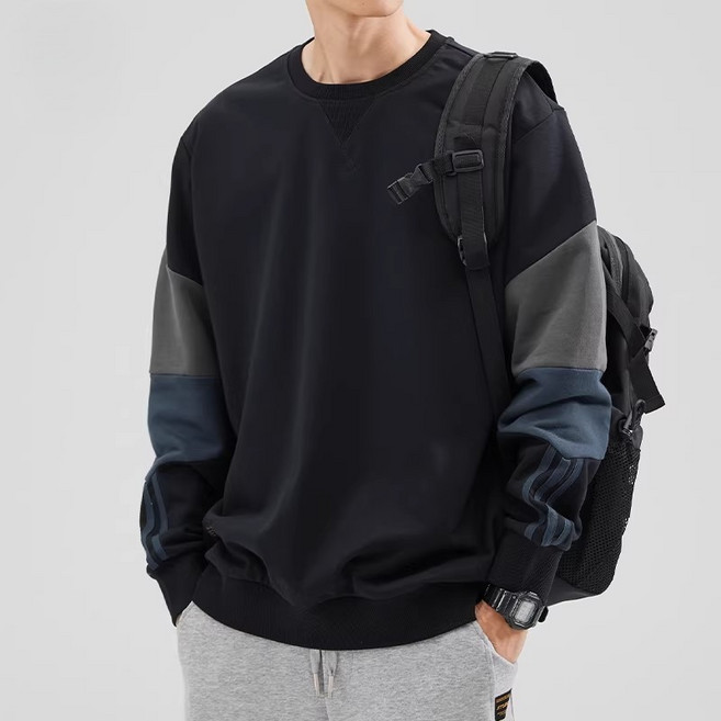 STYLE DR 남성 배색 라운드넥 풀오버 코튼 오버핏 데일리 캐주얼 긴팔 티셔츠