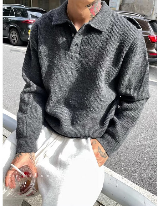 ANYOU 남성 카라 니트 오버핏 캐주얼 스웨터 맨투맨 두꺼운 긴팔 티셔츠