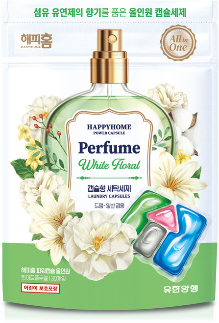 해피홈 퍼퓸 파워캡슐 세탁세제 화이트플로럴, 30개입, 4개