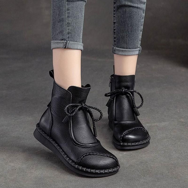 Makone 여성 편안한 착화감 PU 빈티지 에스닉 플랫 부츠 소프트 워커 데일리 패션 단화 앵클부츠