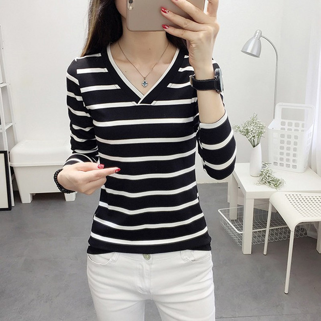 지스캇 여성 간절기 스트라이프 브이넥 긴팔 티셔츠