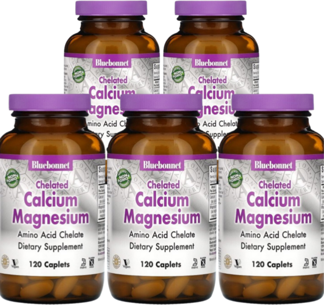 5통 Bluebonnect 블루보넷 chelated 마그네슘 Mg 칼슘 캐플렛 120정 연골 미네랄 비건, 5개