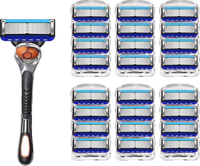 독일 7중 감청색 질레트 면도날 프로글라이드 퓨전 호환 날카로운 면도기, 1세트, 주황 면도날 24개입+스윙면도기1개