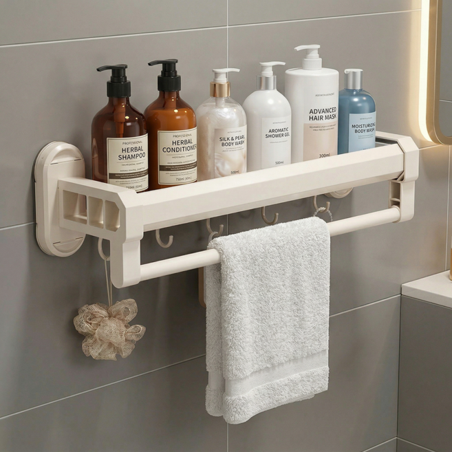 유니크릿 흔적없이 이중 흡착 무타공 욕실 선반, 아이보리, 1개