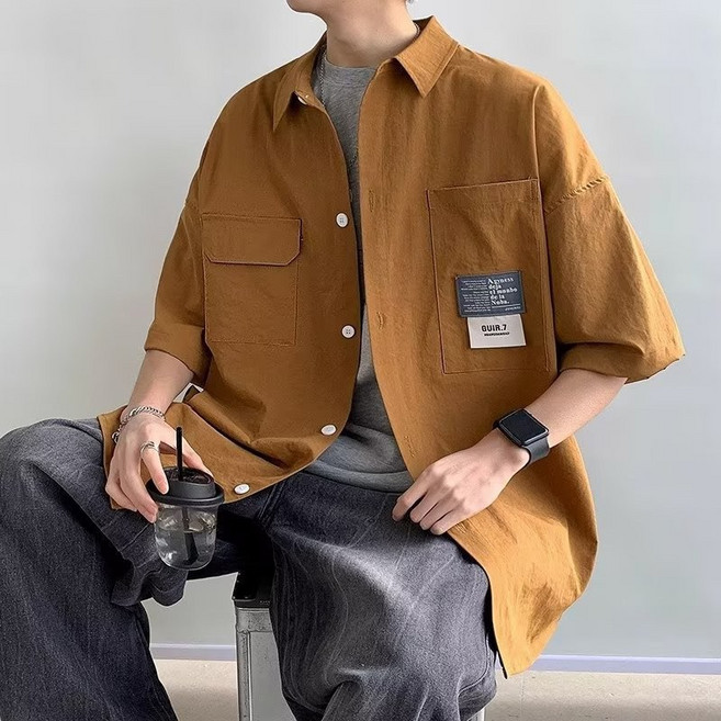 FANSYLI 남성 캐주얼 반팔 셔츠 여름 오버사이즈 카고 셔츠 아우터 W2504A14