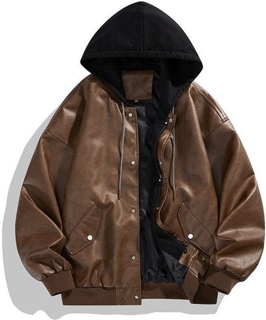 FINE ART 남성 후드 가죽 자켓 오버핏 라이더자켓 레이어드 후드티 빅사이즈 항공점퍼 코트 아우터