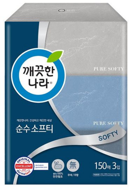 깨끗한나라 (etV)깨끗한나라 순수소프티 미용티슈 150매 3입[33830625] 프리미엄 화장지, 단일옵션, 150
