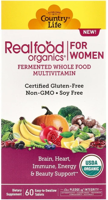 Country Life Realfood Organics 여성용 종합비타민 삼키기 쉬운 정제 60정 Life (컨트리 라이프), Country Life, Realfood Organic, 1개 - 쿠팡