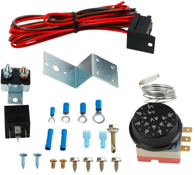 내구성이 뛰어난 전기 라디에이터 팬 온도 조절기 컨트롤러 키트 제어 릴레이 와이어 12V 자동차 트럭용, 01 Black