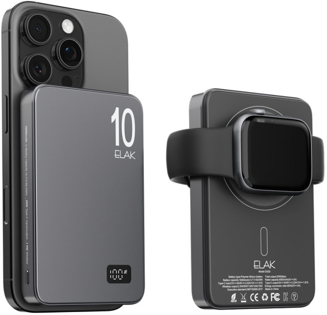 엘락 3in1 초슬림 초경량 무선 자석 맥세이프 고속 충전 5000mAh 보조배터리 에어팟충전 애플워치충전, 10,000mAh / 티타늄블랙, DS-20