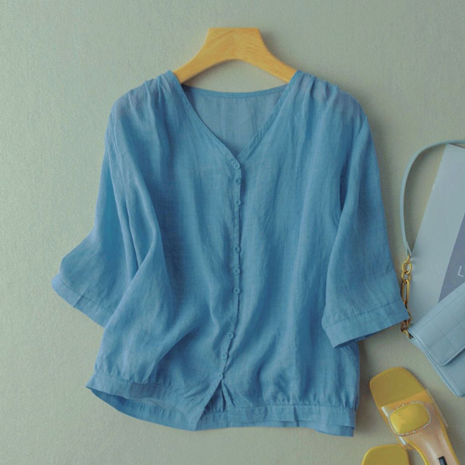 Makone 여성 린넨 빈티지 심플 티셔츠 브이넥 루즈핏 반팔 블라우스