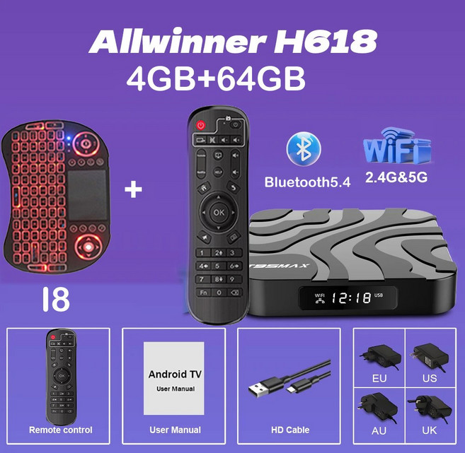 스마트 TV 박스 안드 14 T95 Max Allwinner H618 블루투스 박스 HDR, 플러그, 4G 64G I8