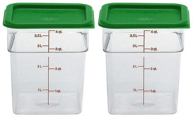 Cambro 뚜껑이 있는 식품 보관 용기 (2팩) - 그린 클래식 시리즈 스퀘어 3.8L(4쿼트) 음식 준비를 위한 상업용 등급 (투명), 4 QT + Lid
