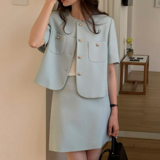 쩐쿠 여성 봄 여름 가을 고급 하객룩 캐주얼 반팔 자켓 스커트 투피스 K0348