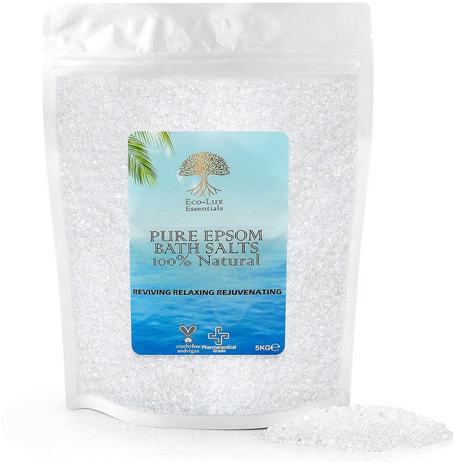 Eco Lux UK 5KG 엡섬 솔트 프리미엄 100% 순수 천연(식품 등급) 마그네슘 황산염 목욕은 통증 근육을 완화하고 활력을 되찾고 휴식을 취하고 수면을 지원하며 진정 요법(, 5 kg (Pack of 1), 1개