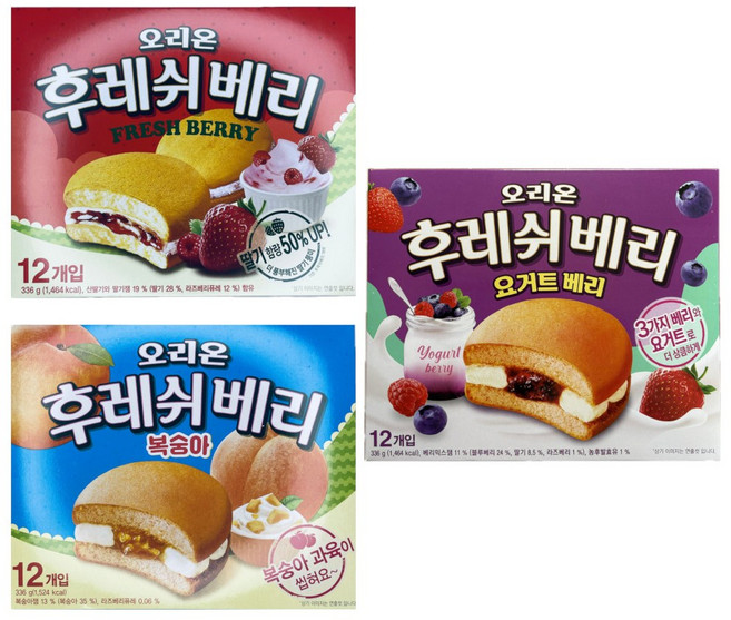 오리온 후레쉬베리3가지맛 (딸기 +요거트베리 +복숭아) 과자케이크 학교간식, 3개, 336g