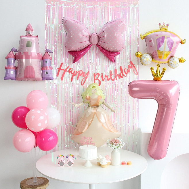 이벤트홀릭 공주 풍선 생일파티용품세트 핑크 성 캐슬 마차, 1개, 숫자풍선 7