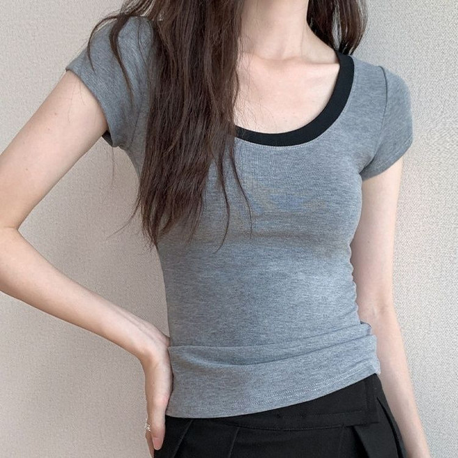 COSYEVNO 여성 여름 슬림핏 반팔 티셔츠 코튼 배색 라운드넥 LFHnstx-2