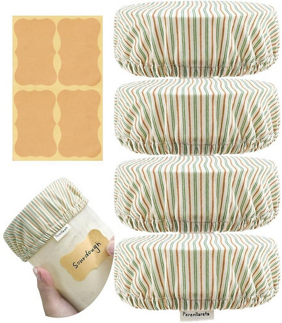 Perenllareta Kombucha Weck Jars 넓은 입구용 패브릭 토퍼 | 사워도우 케피어 스타터 볼 메이슨 갤런 병용 신축성 있는 면 천 발효 뚜껑 커버, 그린 스트라이프 면