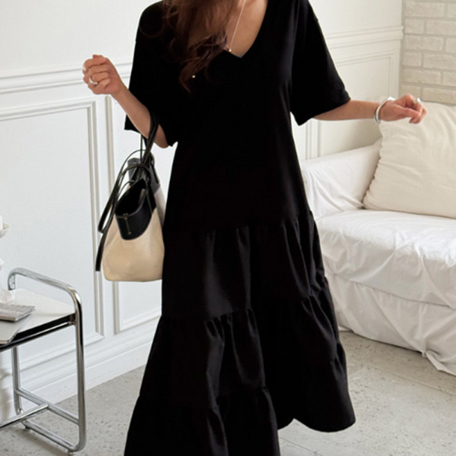 [난닝구]커멜프 브이넥캉캉반팔원피스