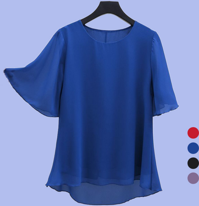 에쥬아 중년여성 쉬폰블라우스 라운드넥 풀오버 티셔츠 데일리룩 캐주얼룩 여름상의