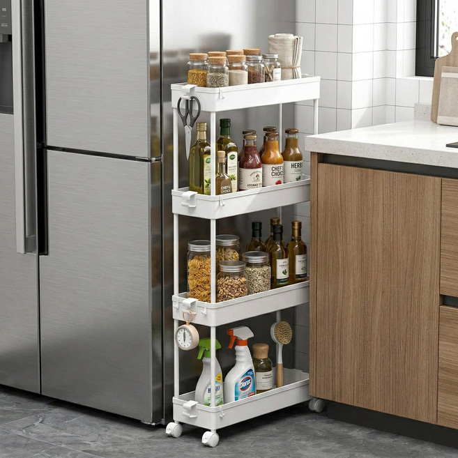 ENNUFO 12cm 초슬림 튼튼한 철제 이동식 트롤리 틈새 다용도 수납장 화장품 정리함, 화이트, 4단