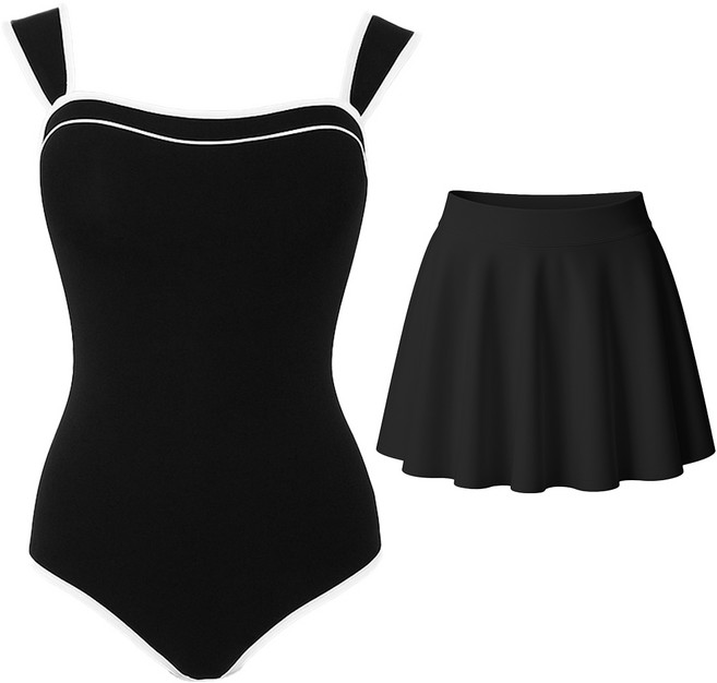 바닐라마카롱 배색 모노키니 투피스 수영복 몸매 보정 일체형 원피스 뱃살 체형 커버 비치 웨어 여름 바캉스룩 전용 패드 스커트 포함, M, 1개, R98668A(블랙