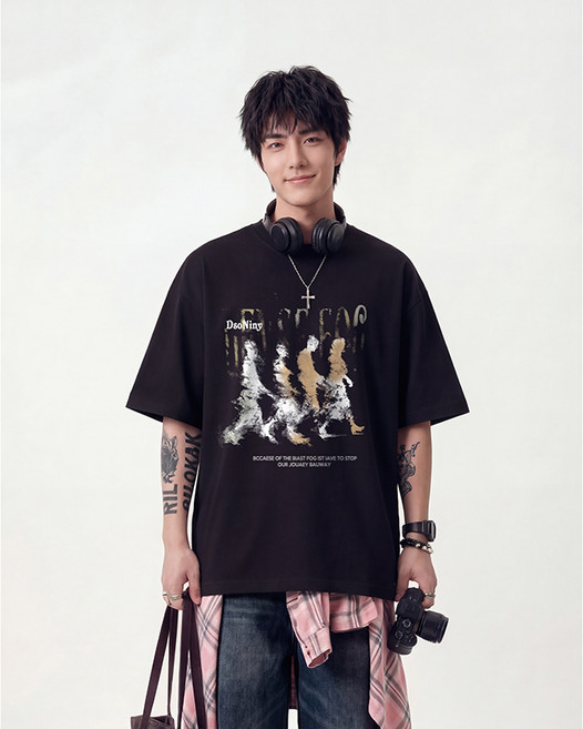 훌룰루 남성 프린팅 반팔티 오버핏 순면 박스티 T110