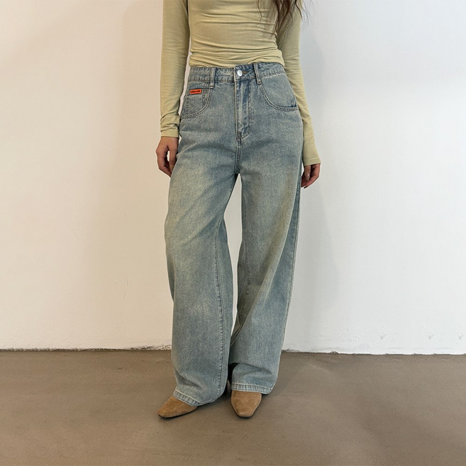 에미올 데일리 빅포켓 워싱 통 세미 와이드 레그 데님팬츠 EPJN007