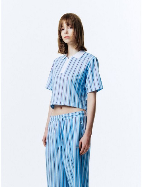 팬암 여성 리조트 스트라이프 메쉬 카라티셔츠 라이트블루 PPBCLT18310LU