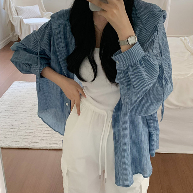 라라홀리 하늘하늘 캐주얼 체크 박시 후드 셔츠