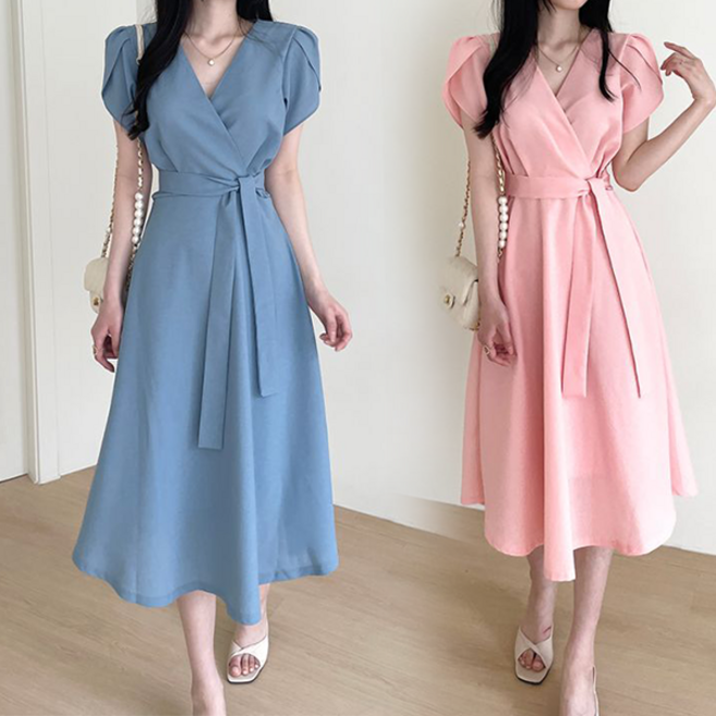 NewCare 여성 벨트 브이넥 반팔 롱 원피스 하객룩 오피스룩