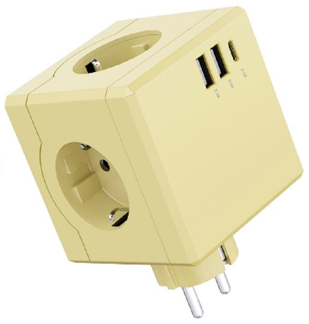 4000W 컬러 고용량 콘센트3구+USB포트3구 큐브 멀티탭 USB C타입 플러그형 캠핑 여행용, 1개, YE(옐로우), 7.58cm