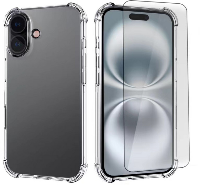 아칸크 아이폰 16 플러스 투명 젤리 핸드폰 케이스+지문인식 보호필름