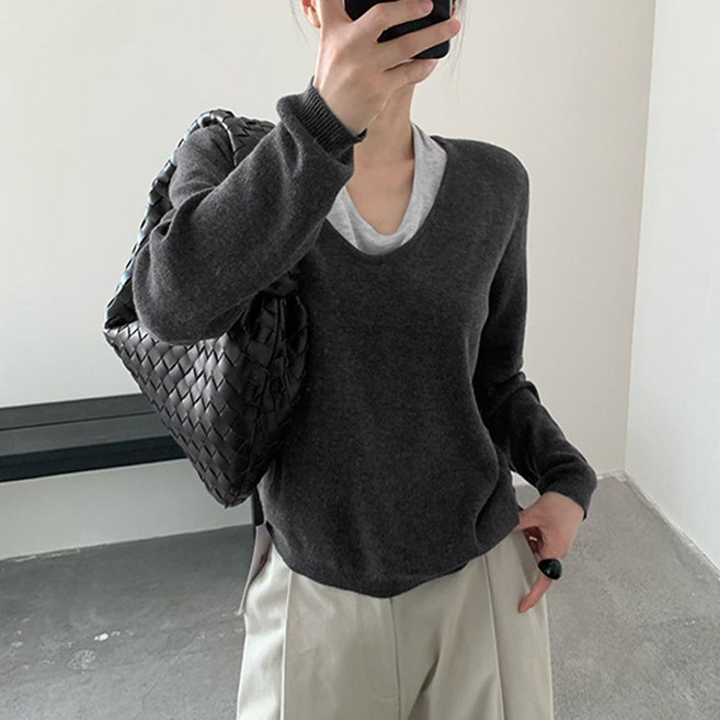 홀터넥 레이어드 니트 스트라이프 긴팔 티셔츠 여성 여리룩