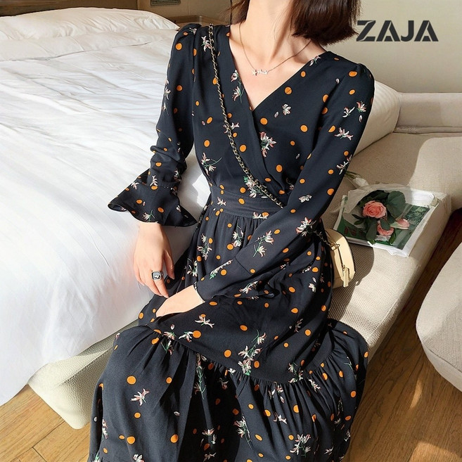 ZAJA 여성 플라워 도트 롱원피스 브이넥 루즈핏 체형커버 데일리 원피스