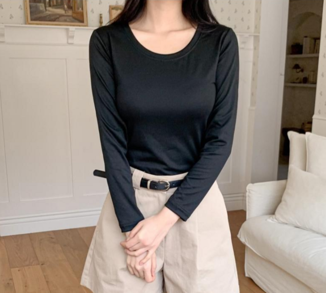 일월전빵 봄 가을 사계절 간절기 여성용 슬림핏 무지 이너 긴팔티셔츠 B-C025S