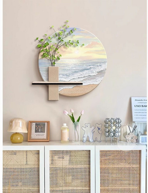 奶油餐廳裝飾畫 圓形仿肌理壁畫 客廳飯廳牆面掛畫 抽象藝術, 新風明日-A【贈隨機仿真綠植】,直徑40cm【常規無燈款】