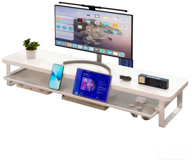SUKI 수납 서랍형 다용도 거치대 메탈 모니터 받침대, 퓨어 화이트70*22*15cm