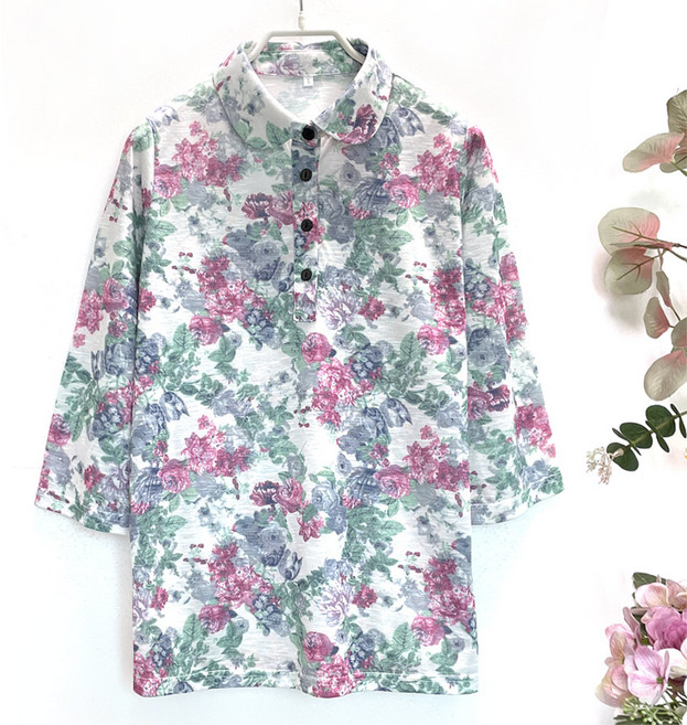 국민할매 국내생산 할머니옷 여름 클레시 면 슬라브원단 로즈 7부 카라티셔츠[KH-2508] 요양원옷